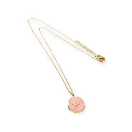 necklace steel gold chain and pink round2